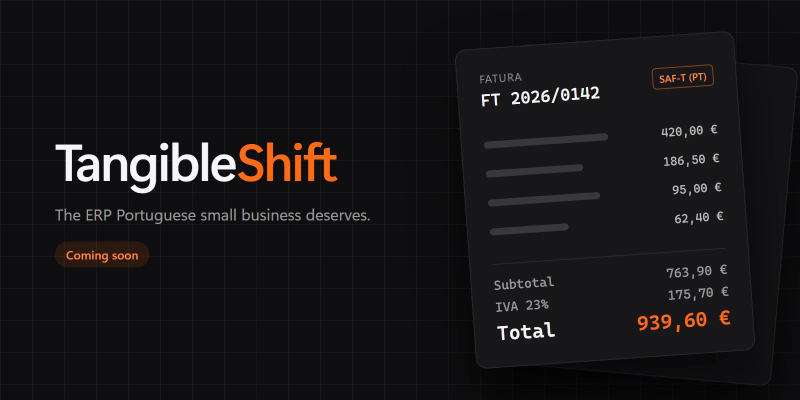 An invoice with Portuguese VAT and a SAF-T export, illustrating TangibleShift