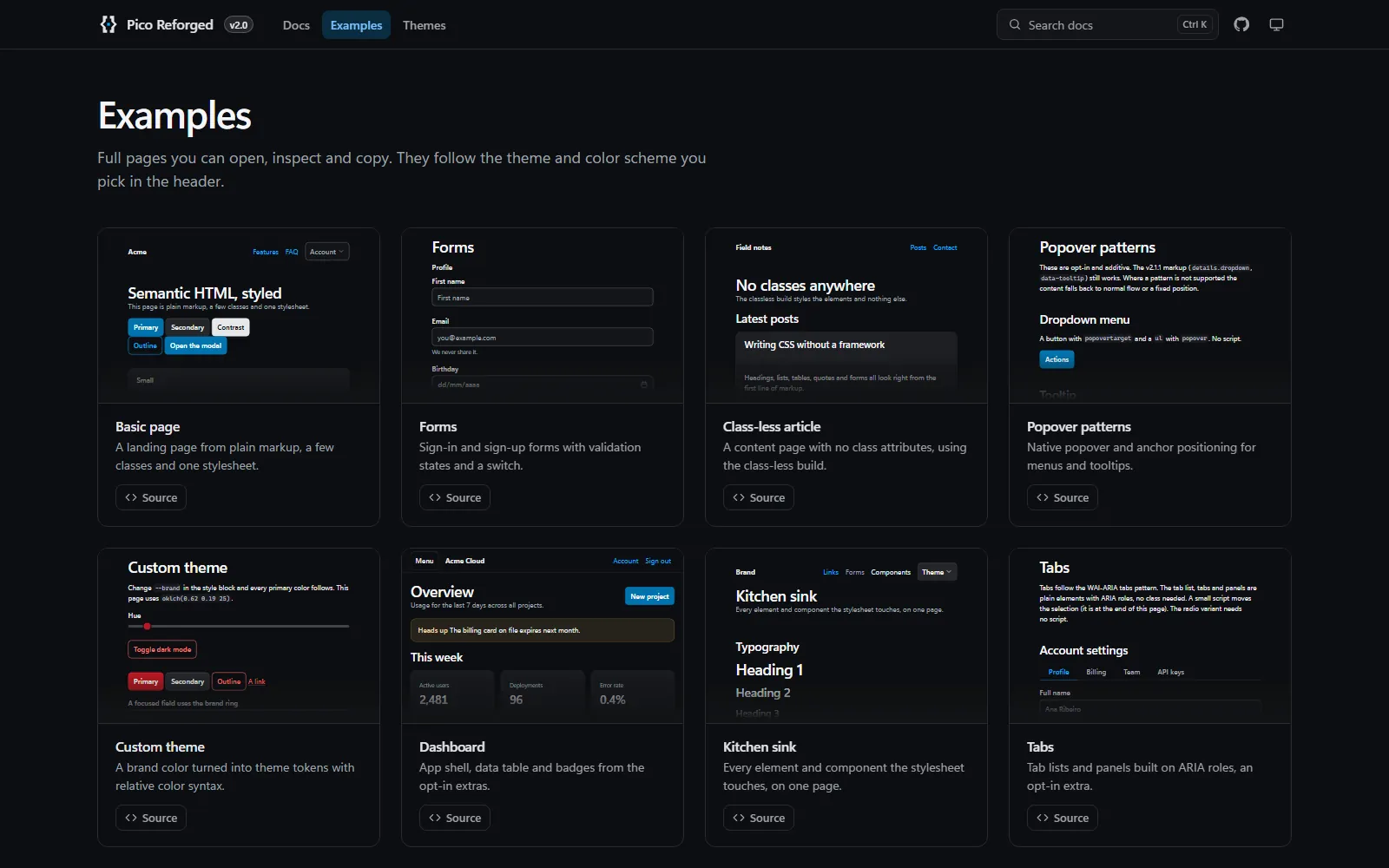 The Examples page of the Pico Reforged docs site, showing eight example pages in the dark scheme: basic page, forms, class-less article, popover patterns, custom theme, dashboard, kitchen sink and tabs